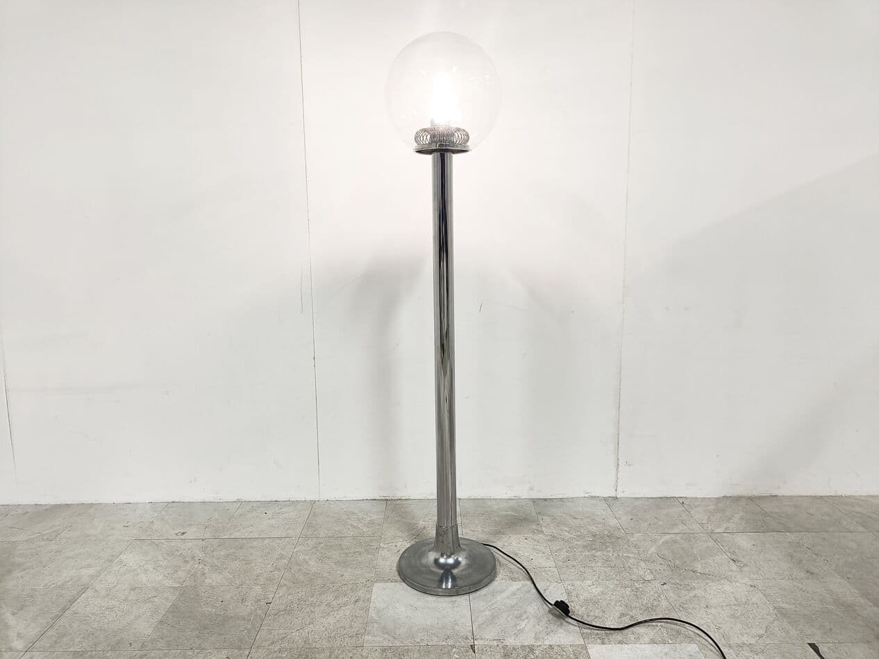 Lampa podłogowa, chrom srebrny, szkło transparentne, Włochy, lata 70. - 268654