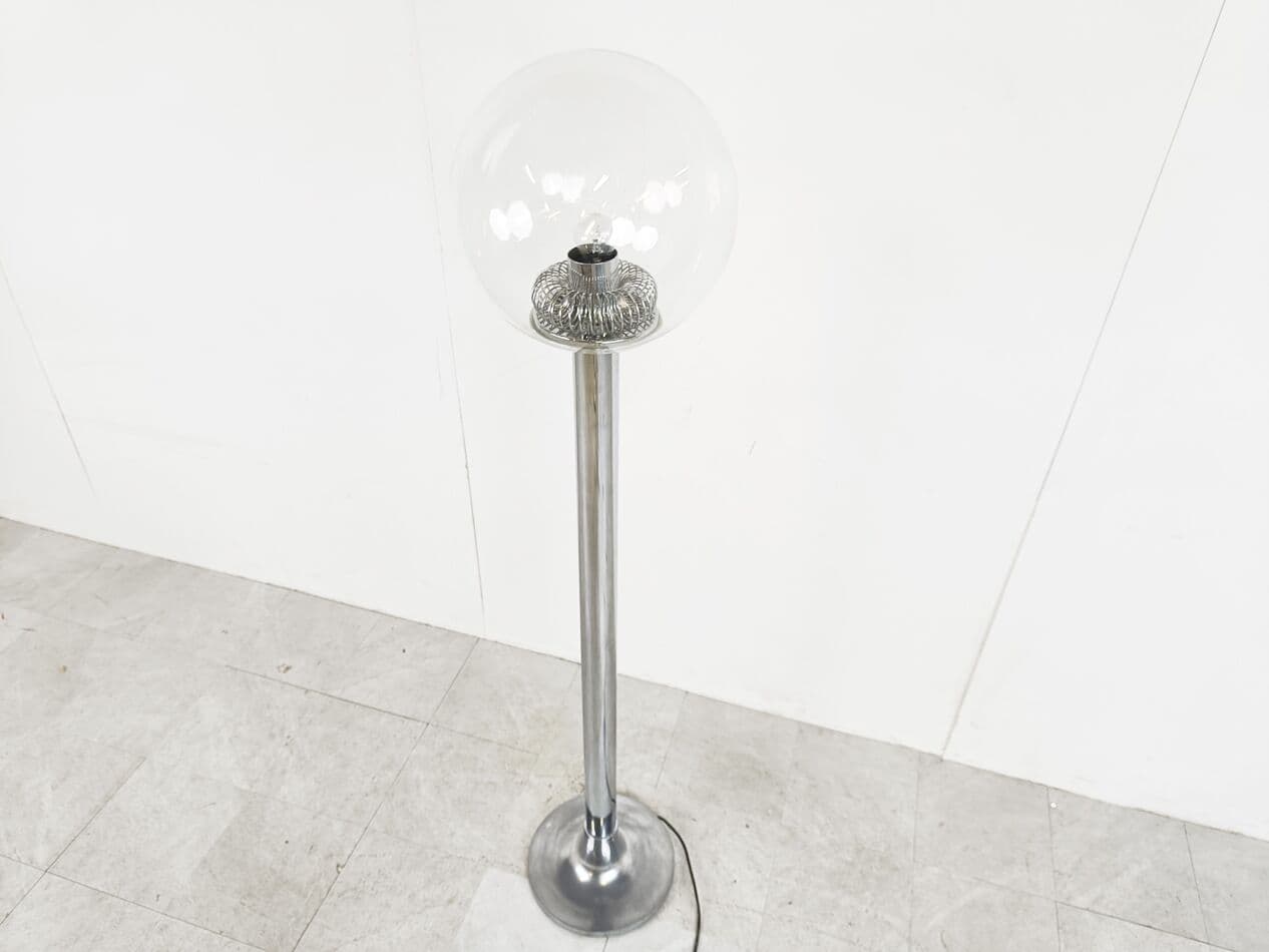 Lampa podłogowa, chrom srebrny, szkło transparentne, Włochy, lata 70. - 268651