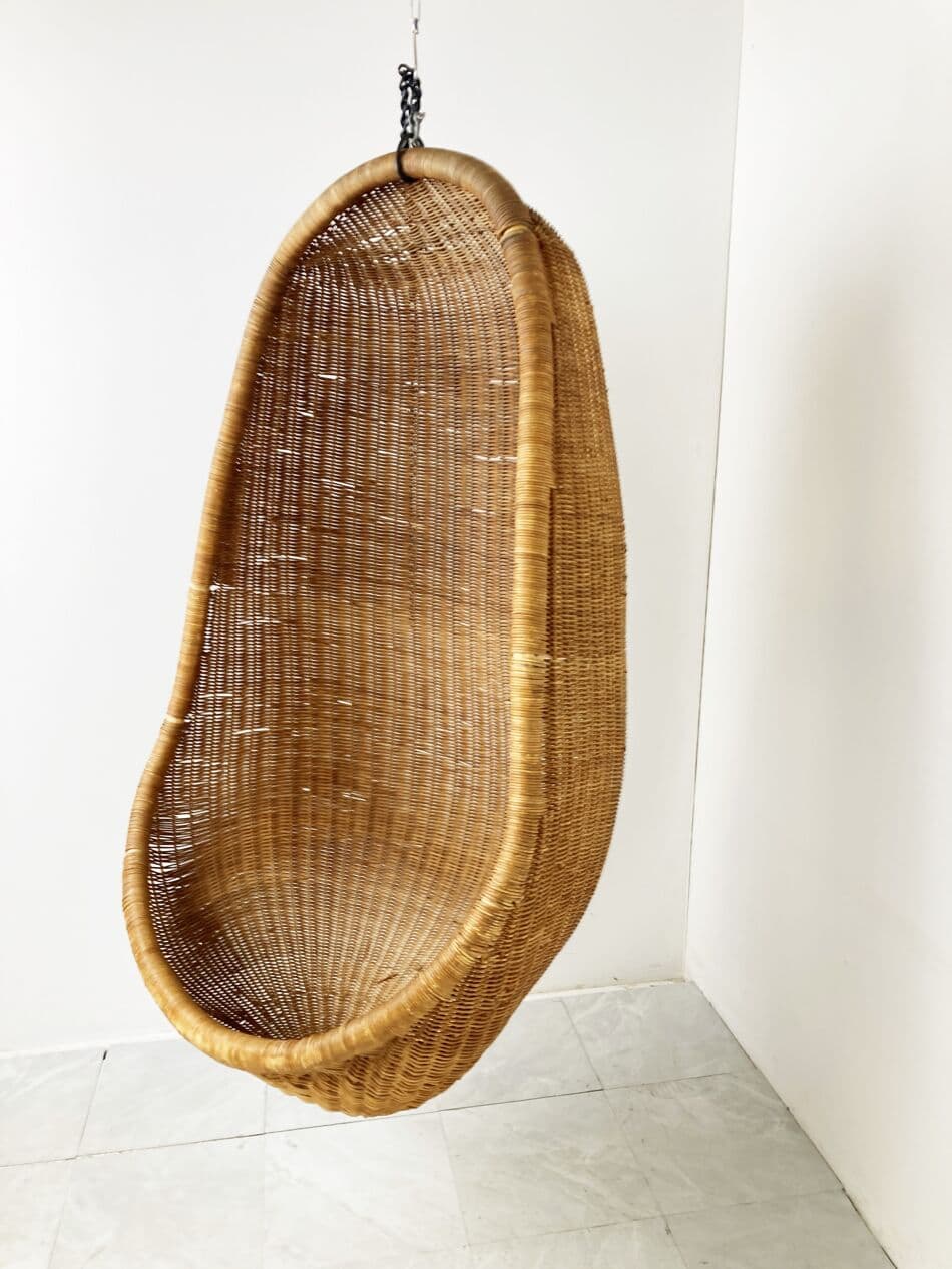 Fotel wiszący Egg, beżowy, rattan i wiklina, proj. N. Ditzel, Włochy, lata 60. - 268617