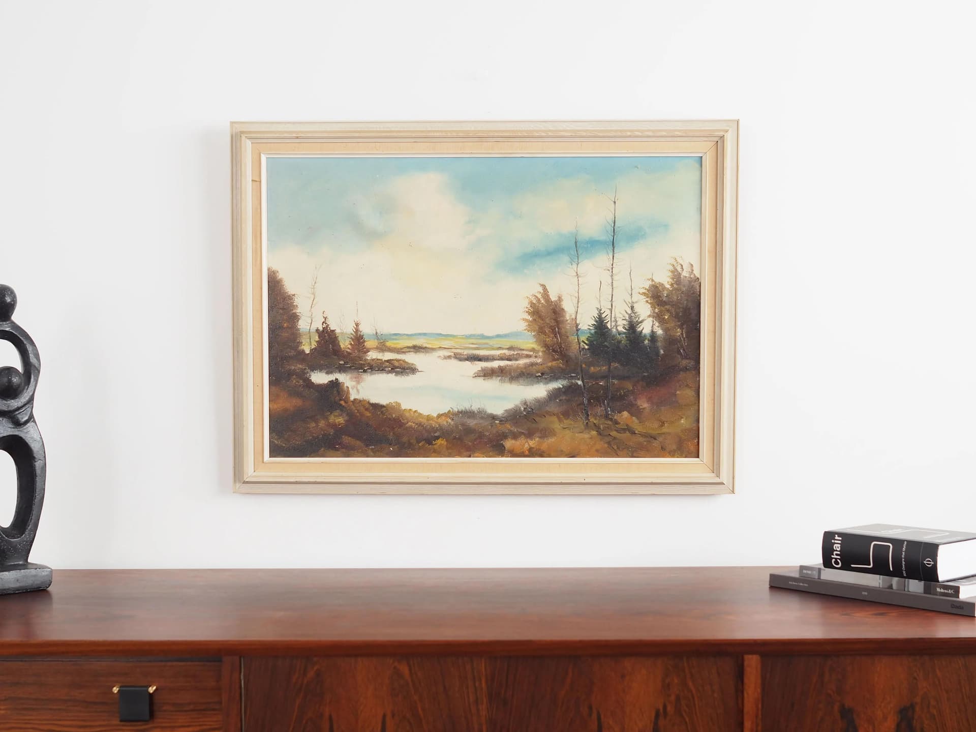 Obraz „Jesienny staw”, skandynawski, szary, olej na płótnie, Polska, lata 70. - 19519