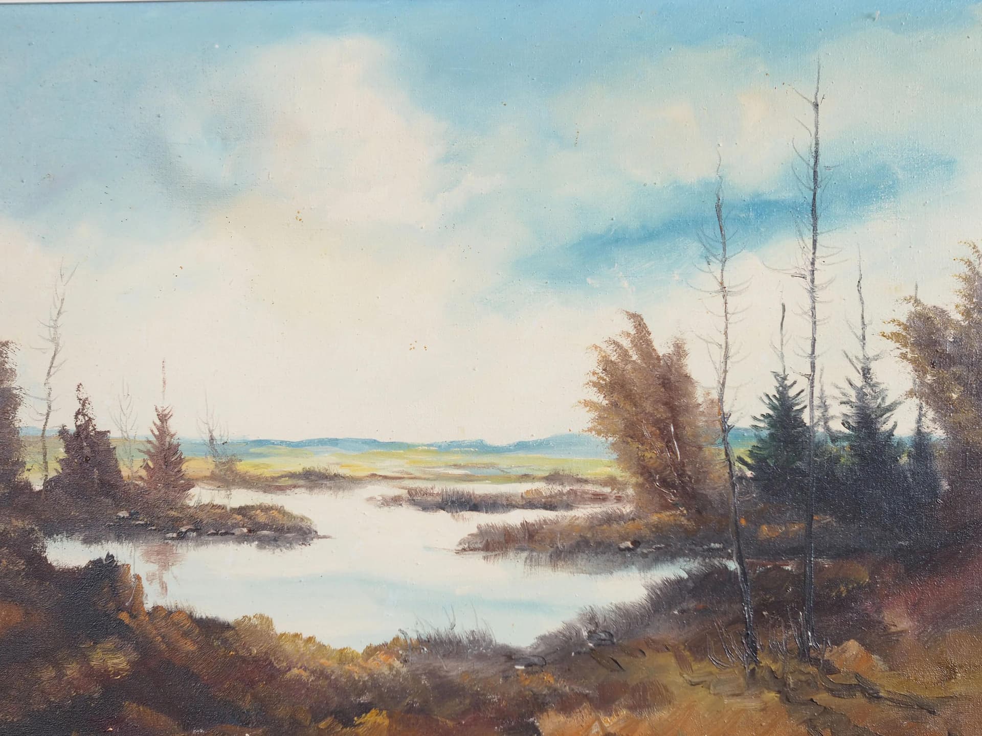 Obraz „Jesienny staw”, skandynawski, szary, olej na płótnie, Polska, lata 70. - 19525