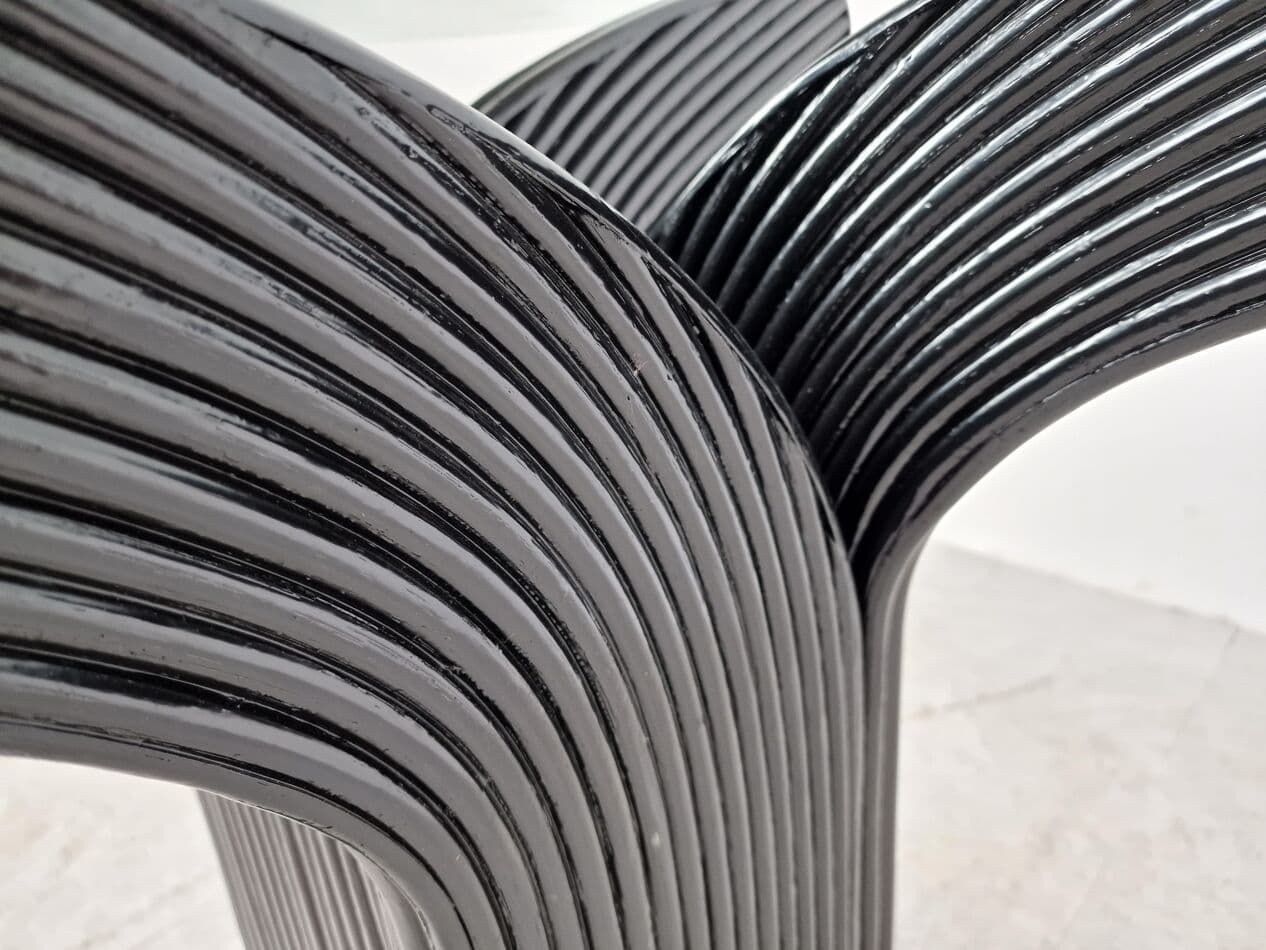 Stół jadalniany okrągły, szkło przezroczyste, bambus czarny, rattan czarny, Francja, lata 70. - 268472