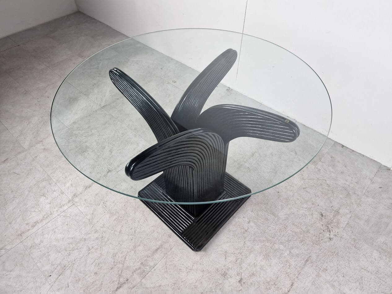 Stół jadalniany okrągły, szkło przezroczyste, bambus czarny, rattan czarny, Francja, lata 70. - 268478