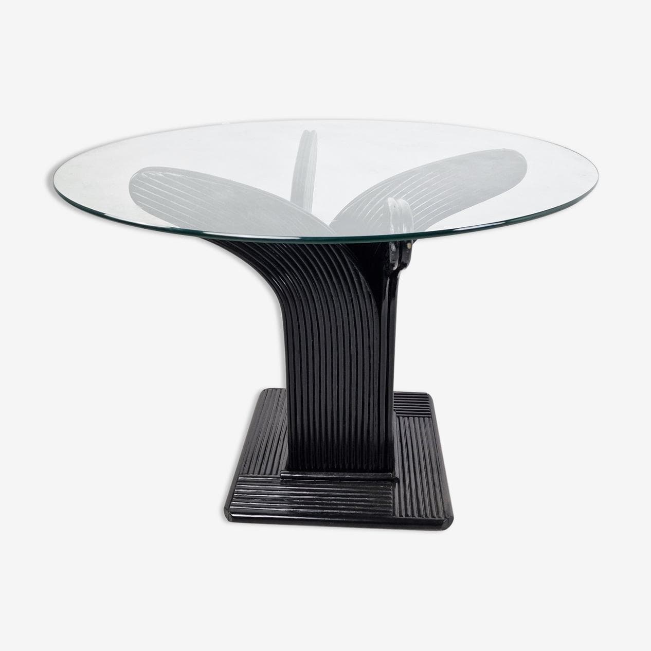 Stół jadalniany okrągły, szkło przezroczyste, bambus czarny, rattan czarny, Francja, lata 70. - 268473