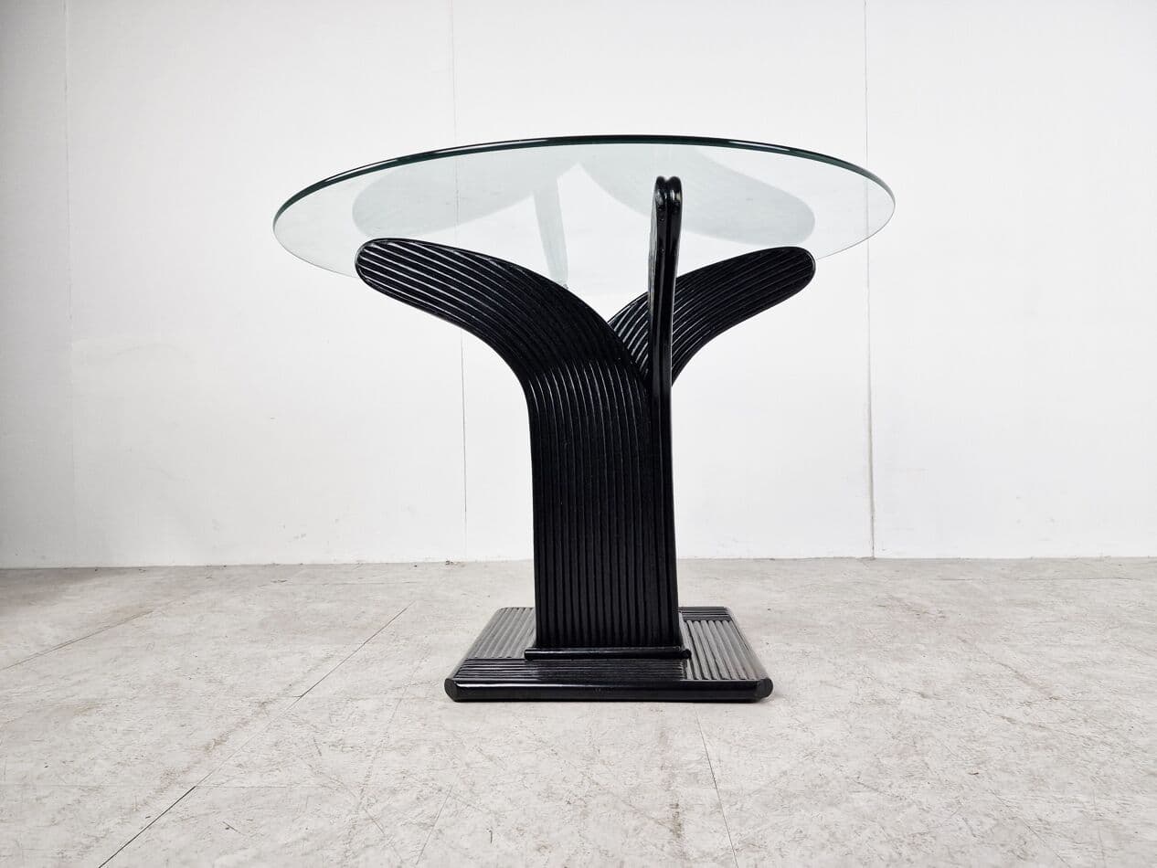 Stół jadalniany okrągły, szkło przezroczyste, bambus czarny, rattan czarny, Francja, lata 70. - 268476