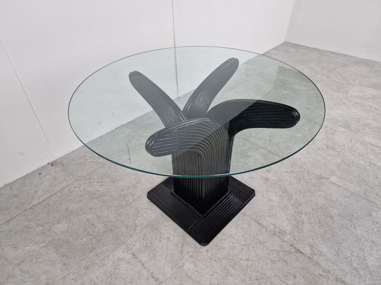 Stół jadalniany okrągły, szkło przezroczyste, bambus czarny, rattan czarny, Francja, lata 70. - 268480