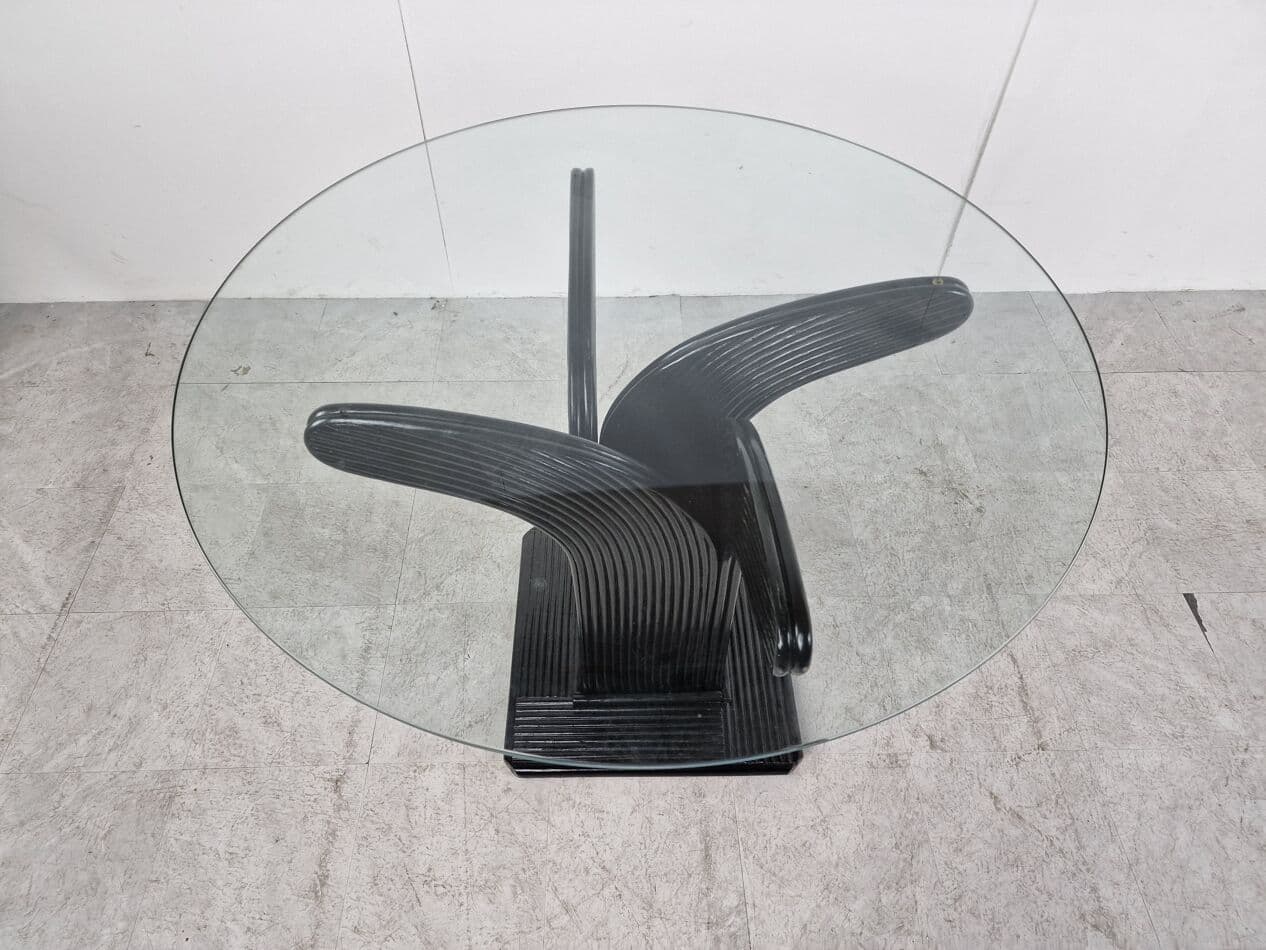 Stół jadalniany okrągły, szkło przezroczyste, bambus czarny, rattan czarny, Francja, lata 70. - 268477