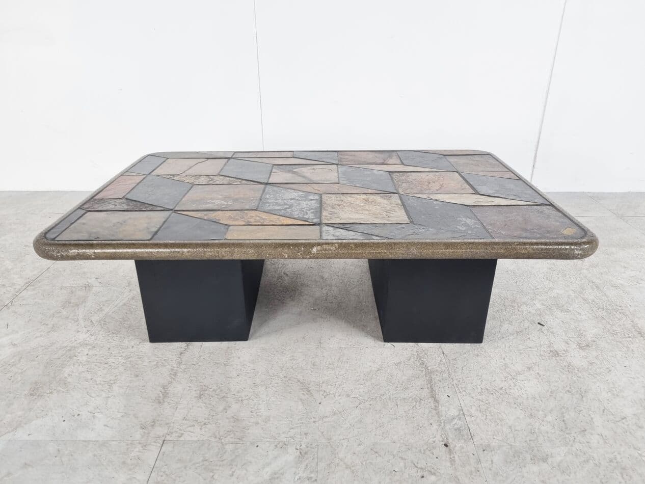 Coffee table, multicolor slate, black wood, Germany, 1970s. - 268441
