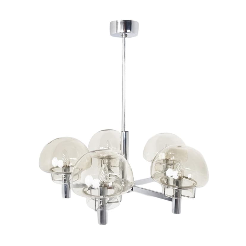 Żyrandol, szkło dymione, chrom srebrny, Włochy, lata 70.