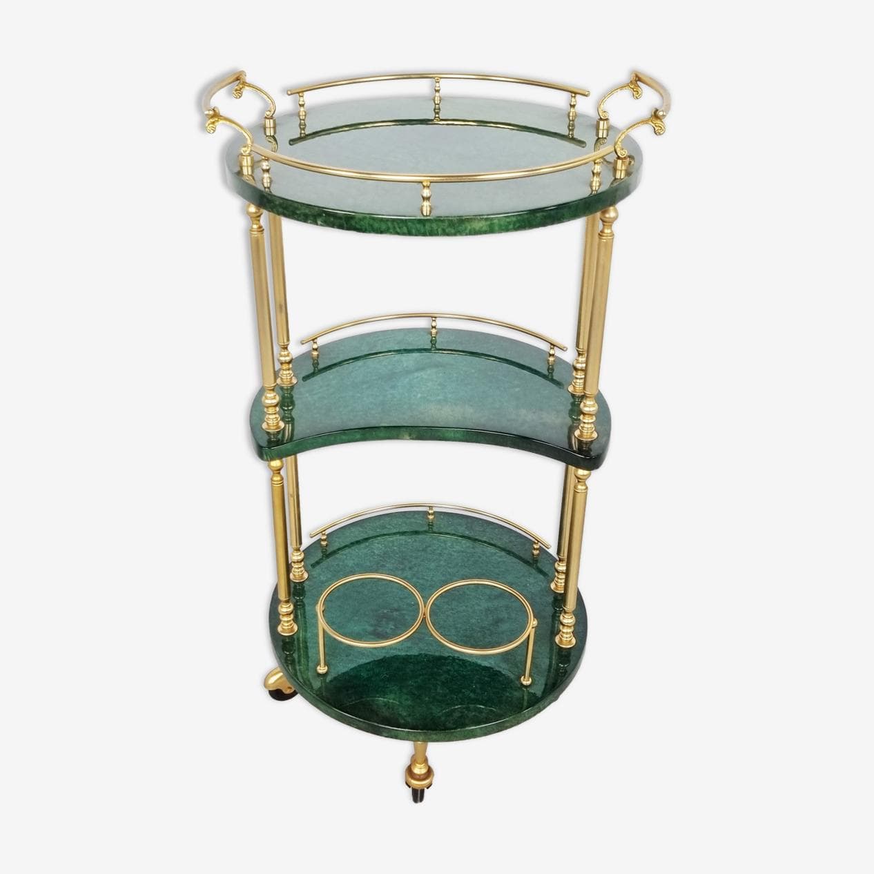 Bar cart, green leather, brass, Italy, 1960s. - 268421