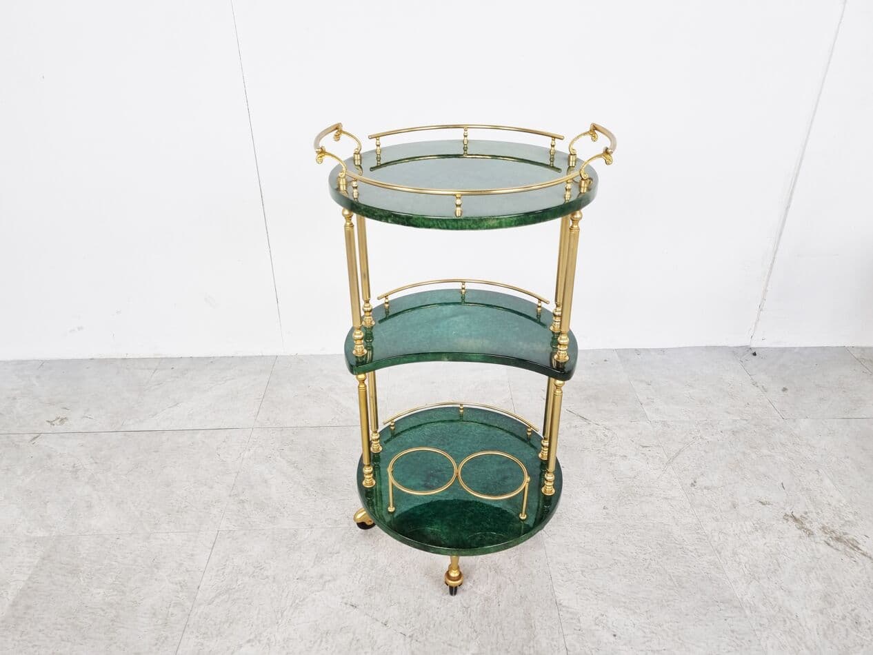 Bar cart, green leather, brass, Italy, 1960s. - 268420