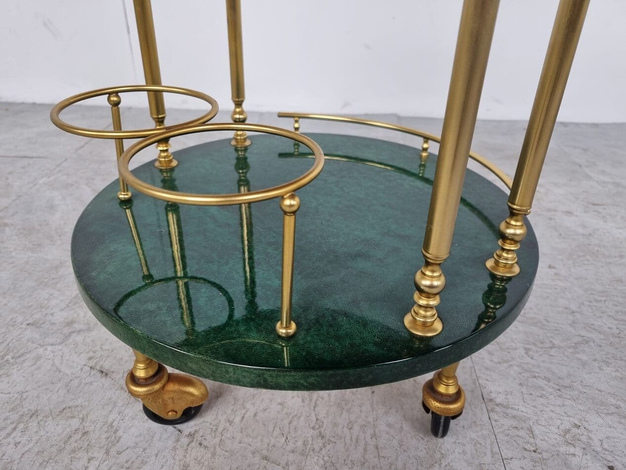 Bar cart, green leather, brass, Italy, 1960s. - 268424