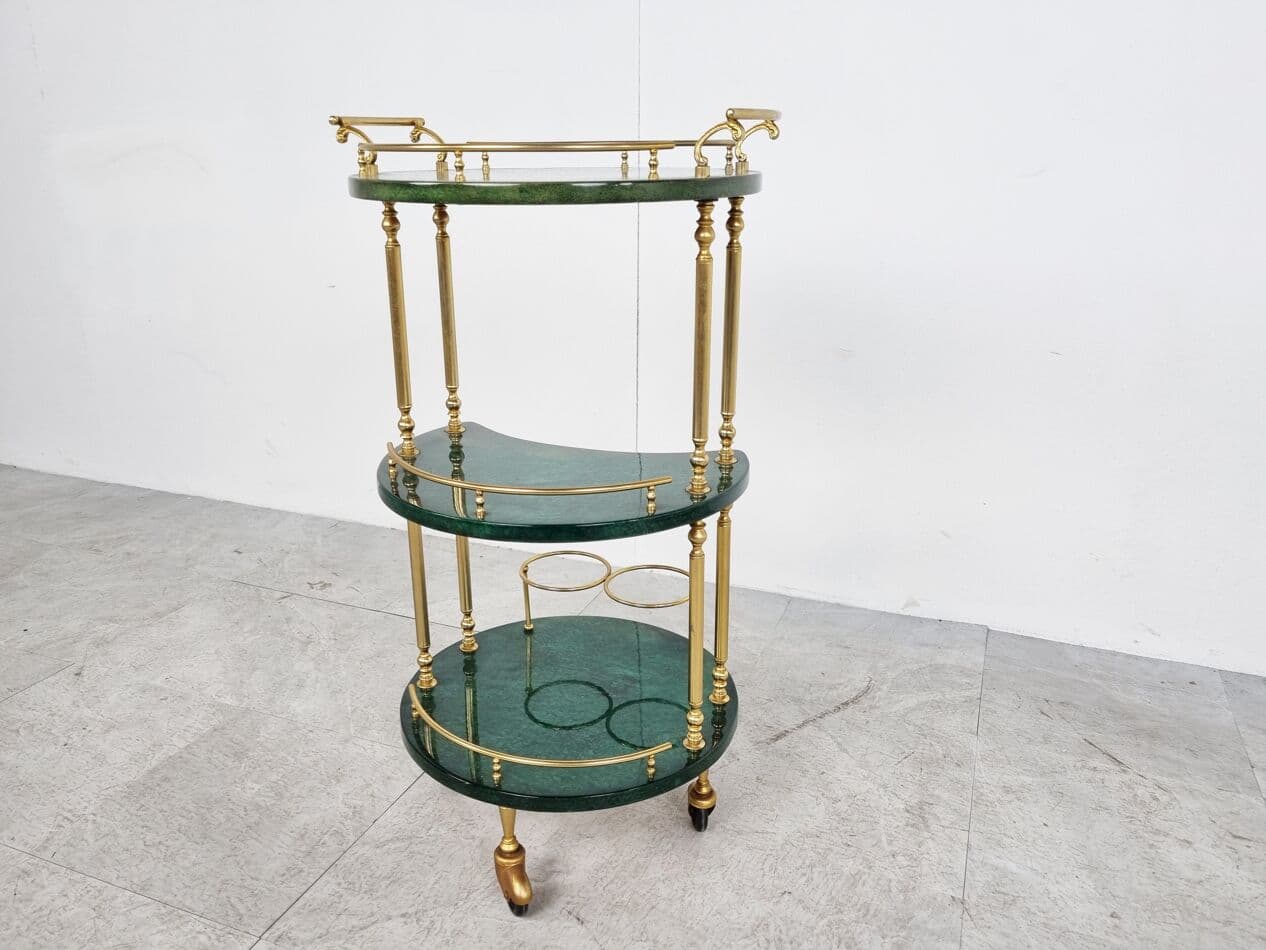 Bar cart, green leather, brass, Italy, 1960s. - 268418