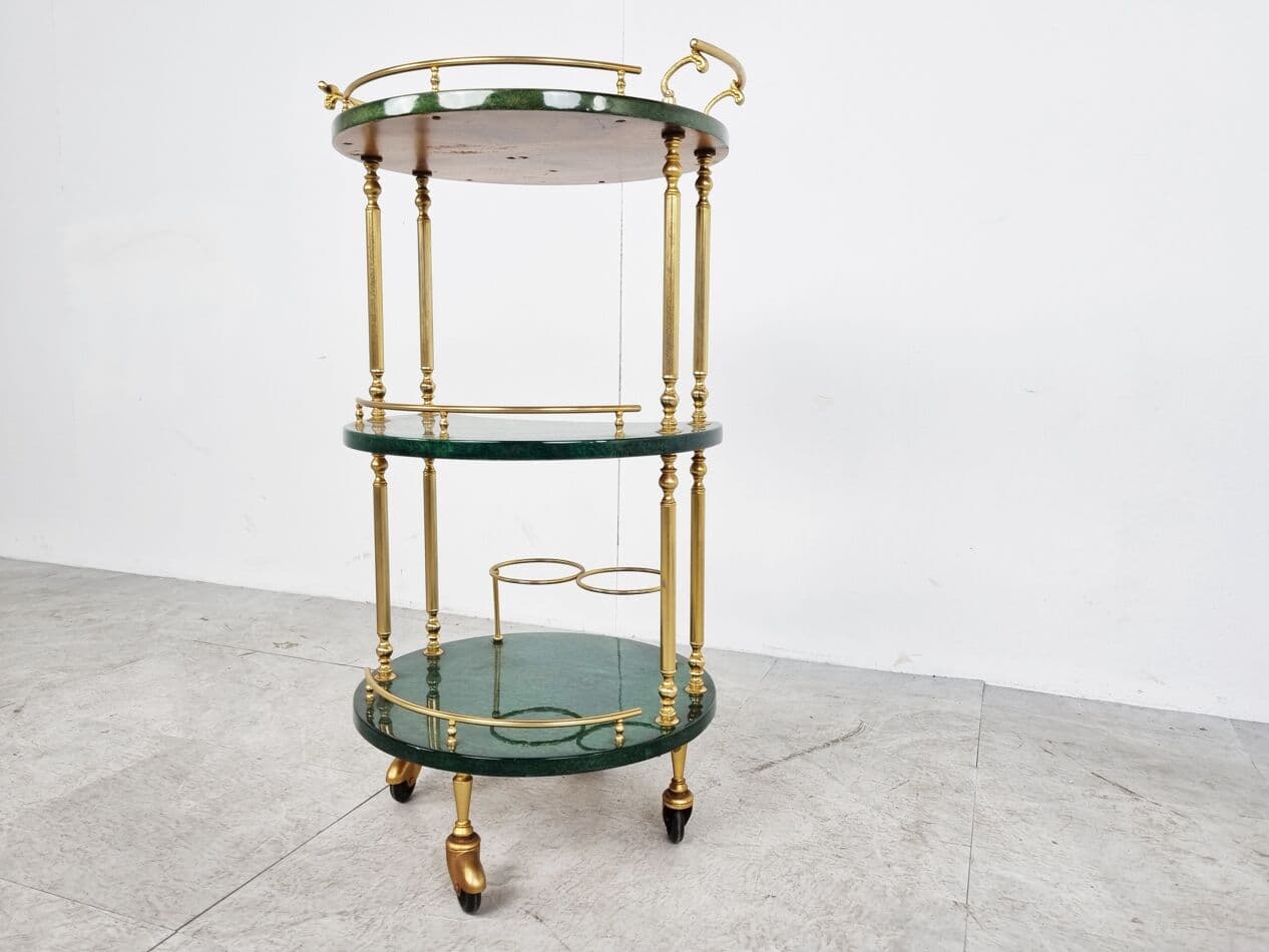 Bar cart, green leather, brass, Italy, 1960s. - 268429