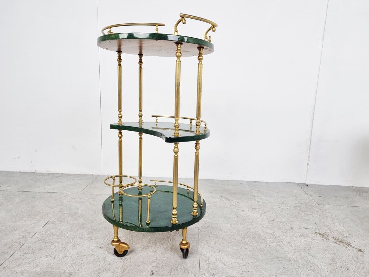 Bar cart, green leather, brass, Italy, 1960s. - 268423