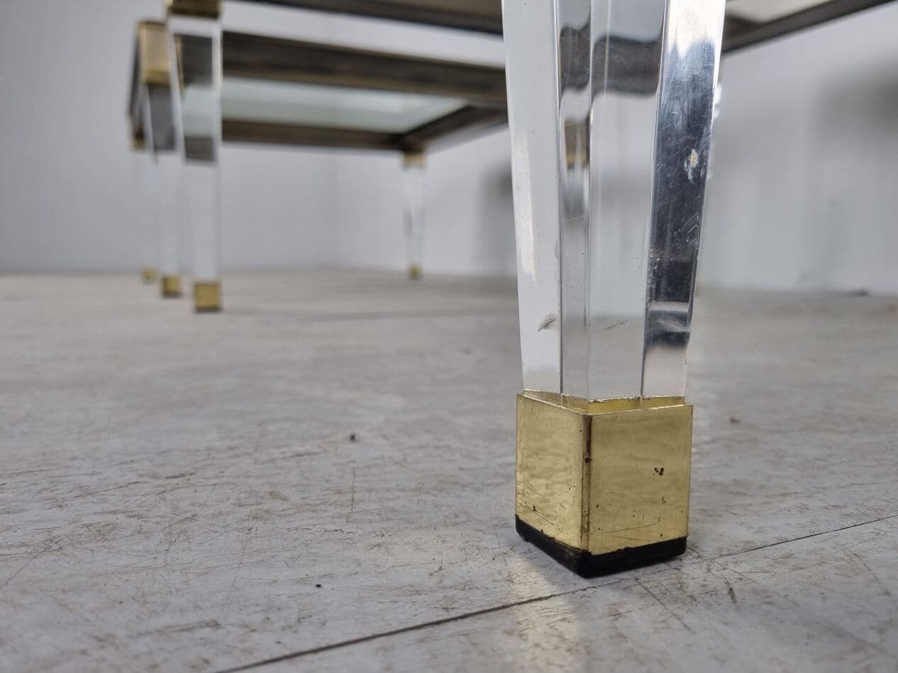 Pair of coffee tables, gold brass, clear glass, lucite, Belgium, 1980s. - 268393