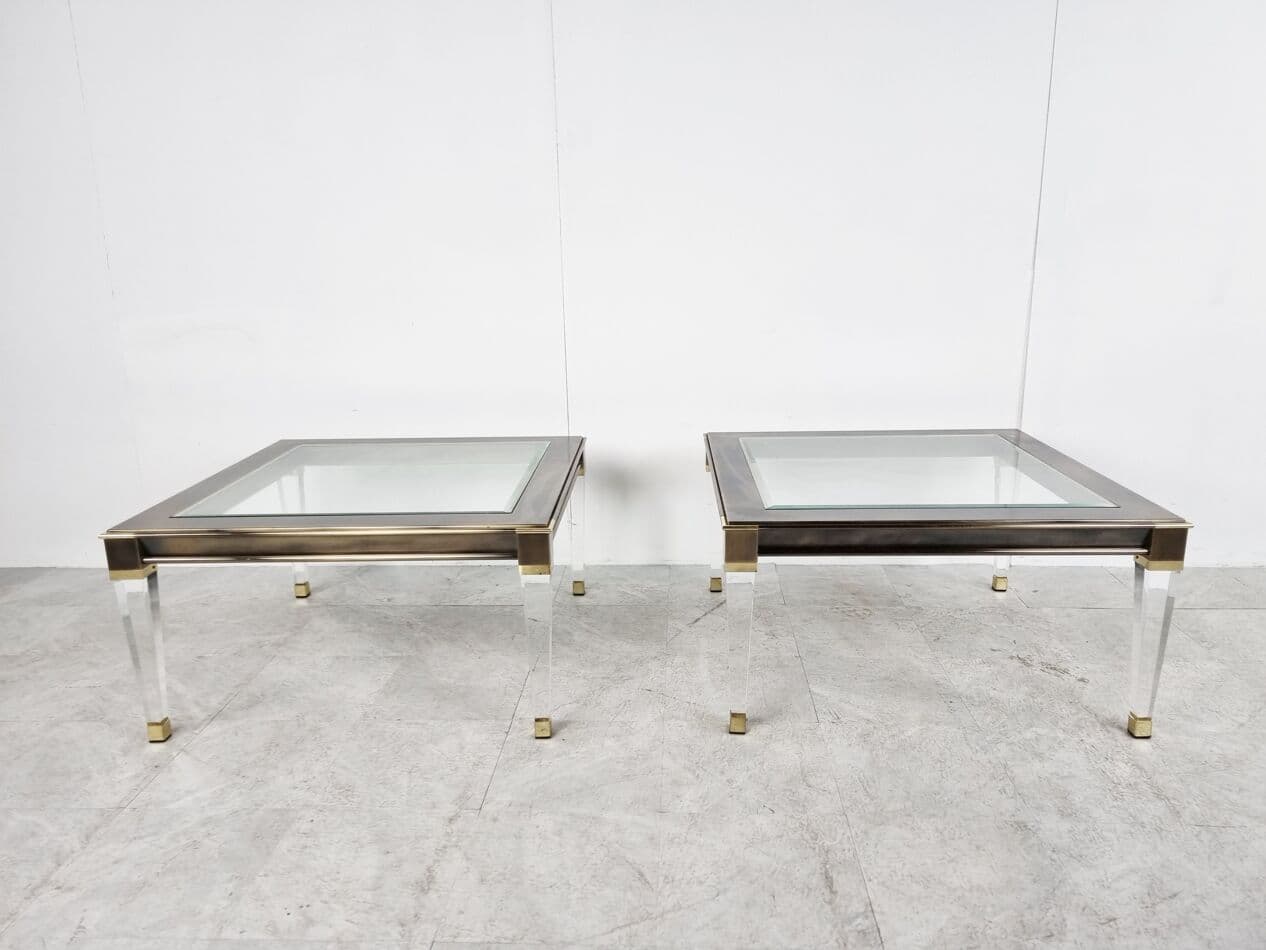 Pair of coffee tables, gold brass, clear glass, lucite, Belgium, 1980s. - 268385