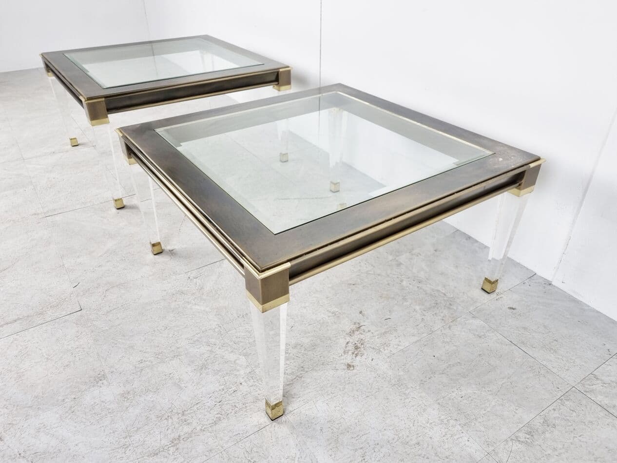 Pair of coffee tables, gold brass, clear glass, lucite, Belgium, 1980s. - 268389