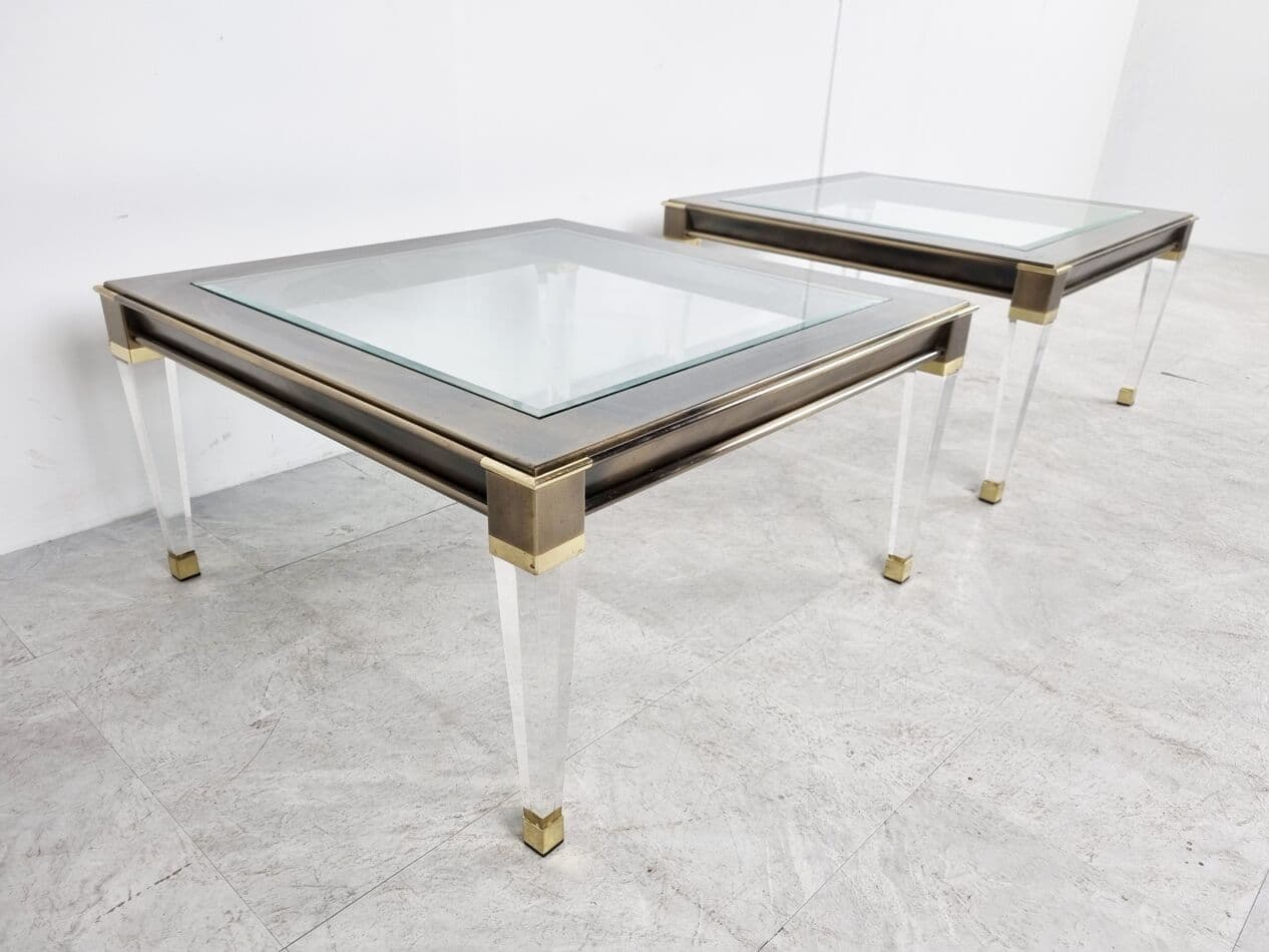 Pair of coffee tables, gold brass, clear glass, lucite, Belgium, 1980s. - 268391