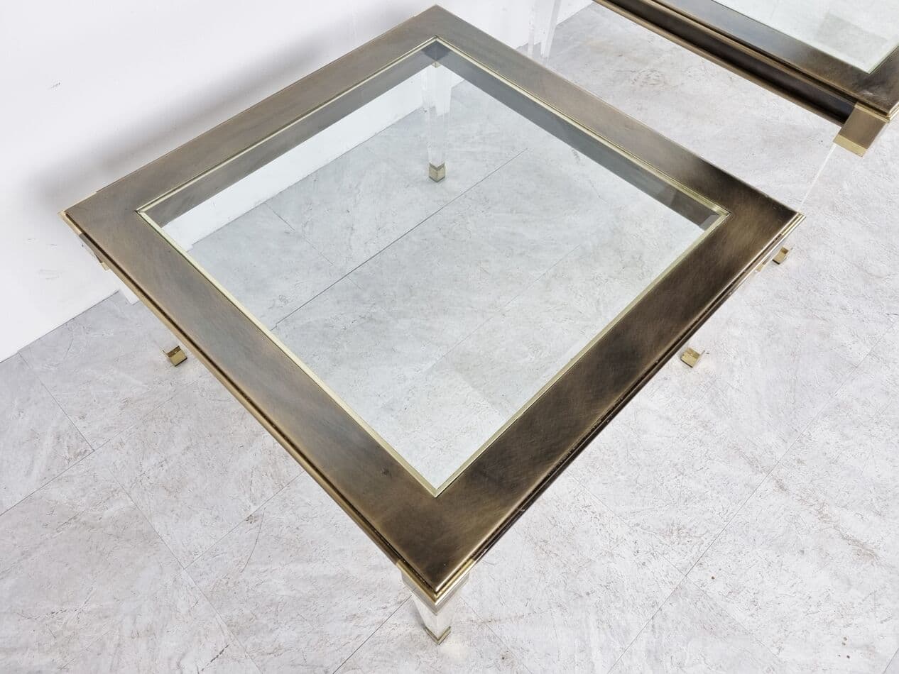 Pair of coffee tables, gold brass, clear glass, lucite, Belgium, 1980s. - 268392