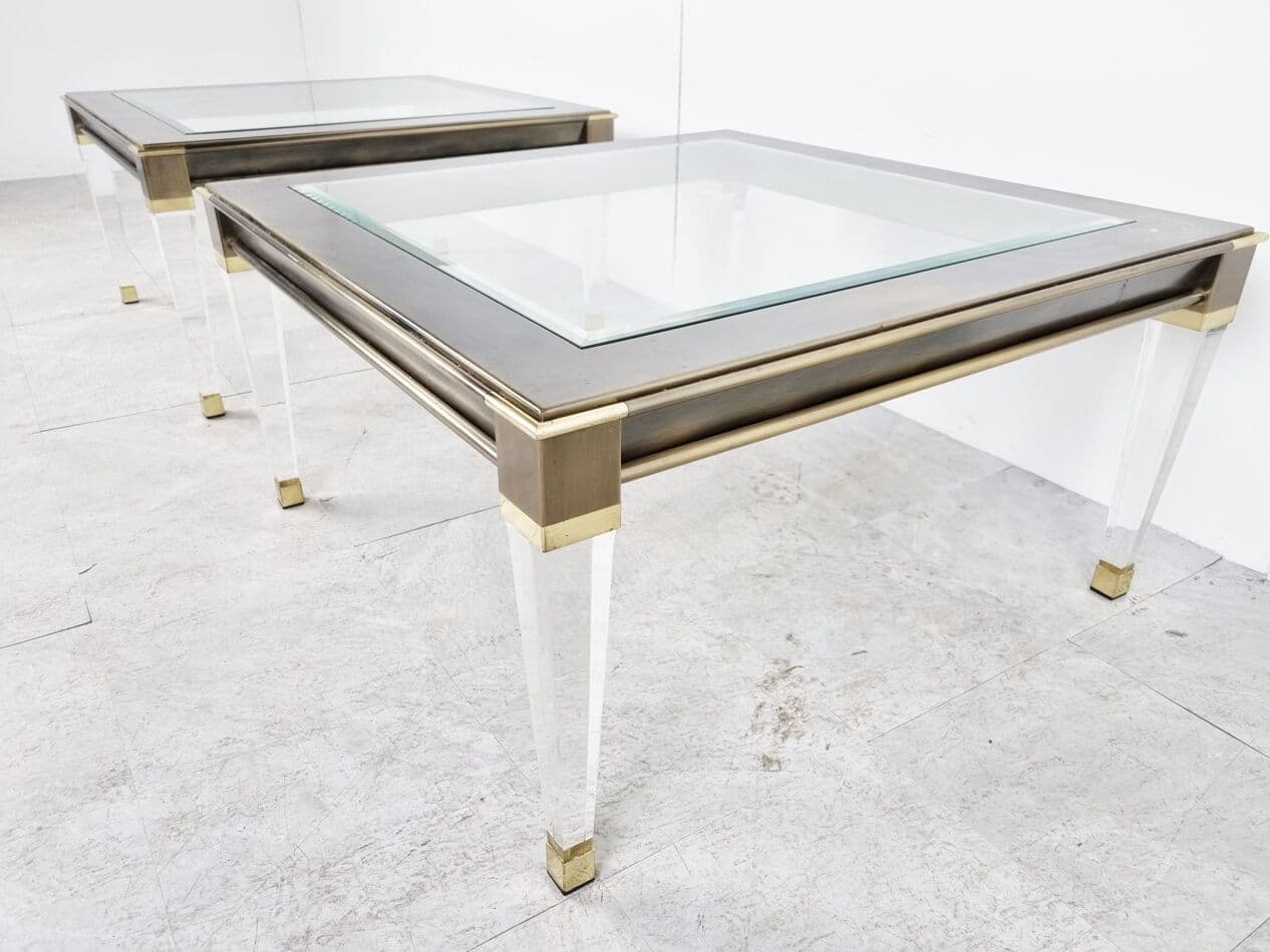 Pair of coffee tables, gold brass, clear glass, lucite, Belgium, 1980s. - 268395