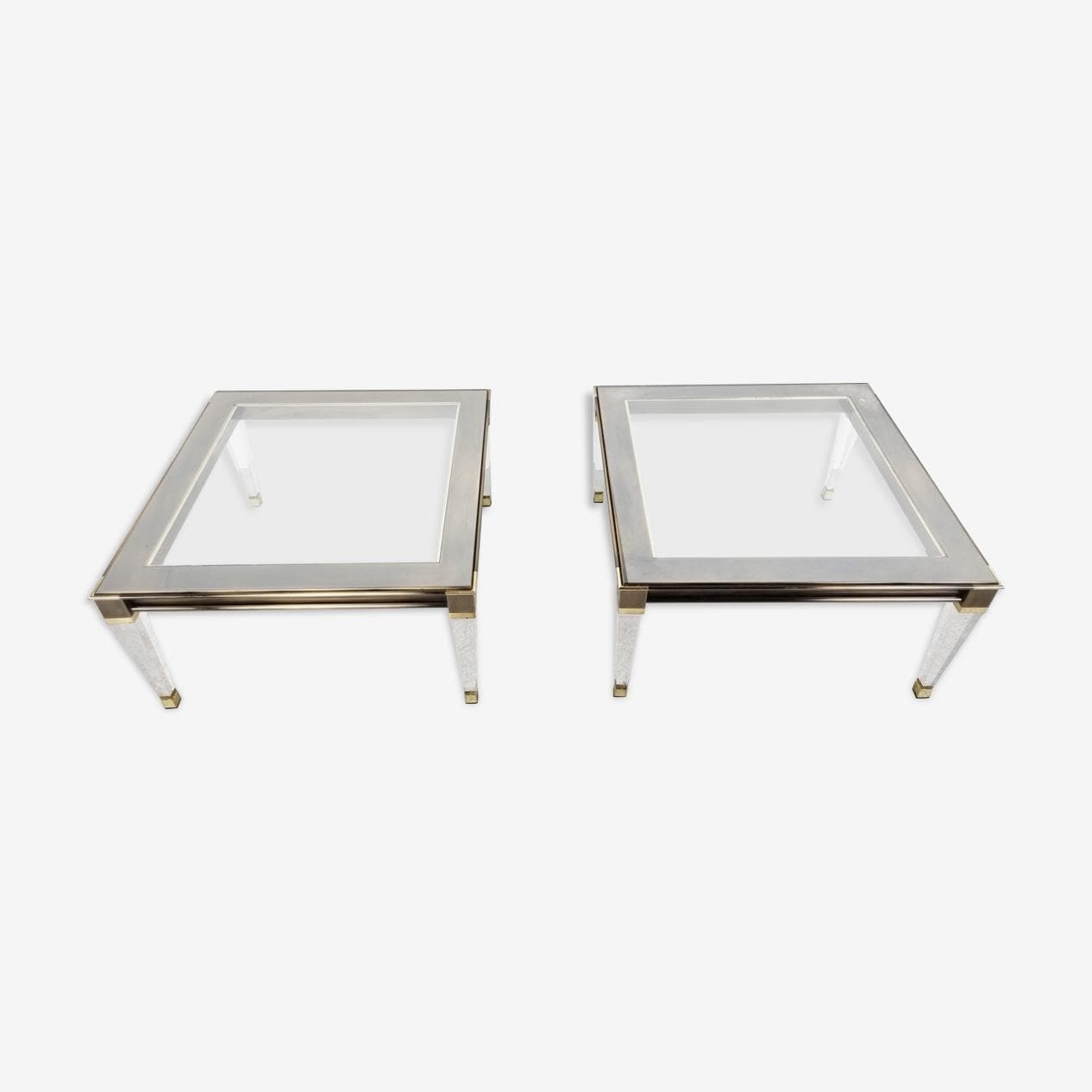 Pair of coffee tables, gold brass, clear glass, lucite, Belgium, 1980s. - 268387