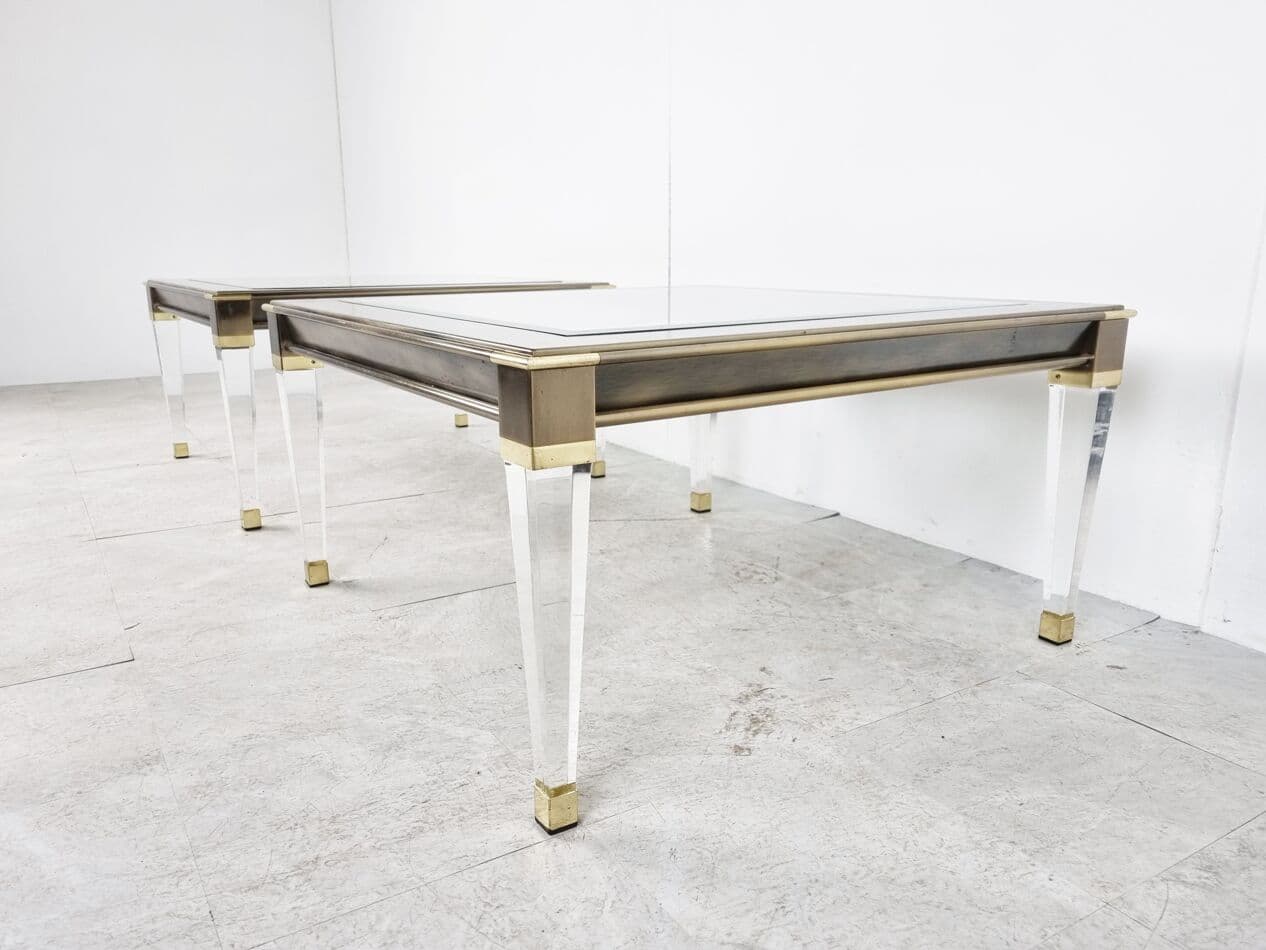 Pair of coffee tables, gold brass, clear glass, lucite, Belgium, 1980s. - 268390
