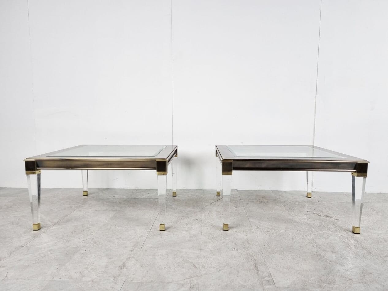 Pair of coffee tables, gold brass, clear glass, lucite, Belgium, 1980s. - 268388