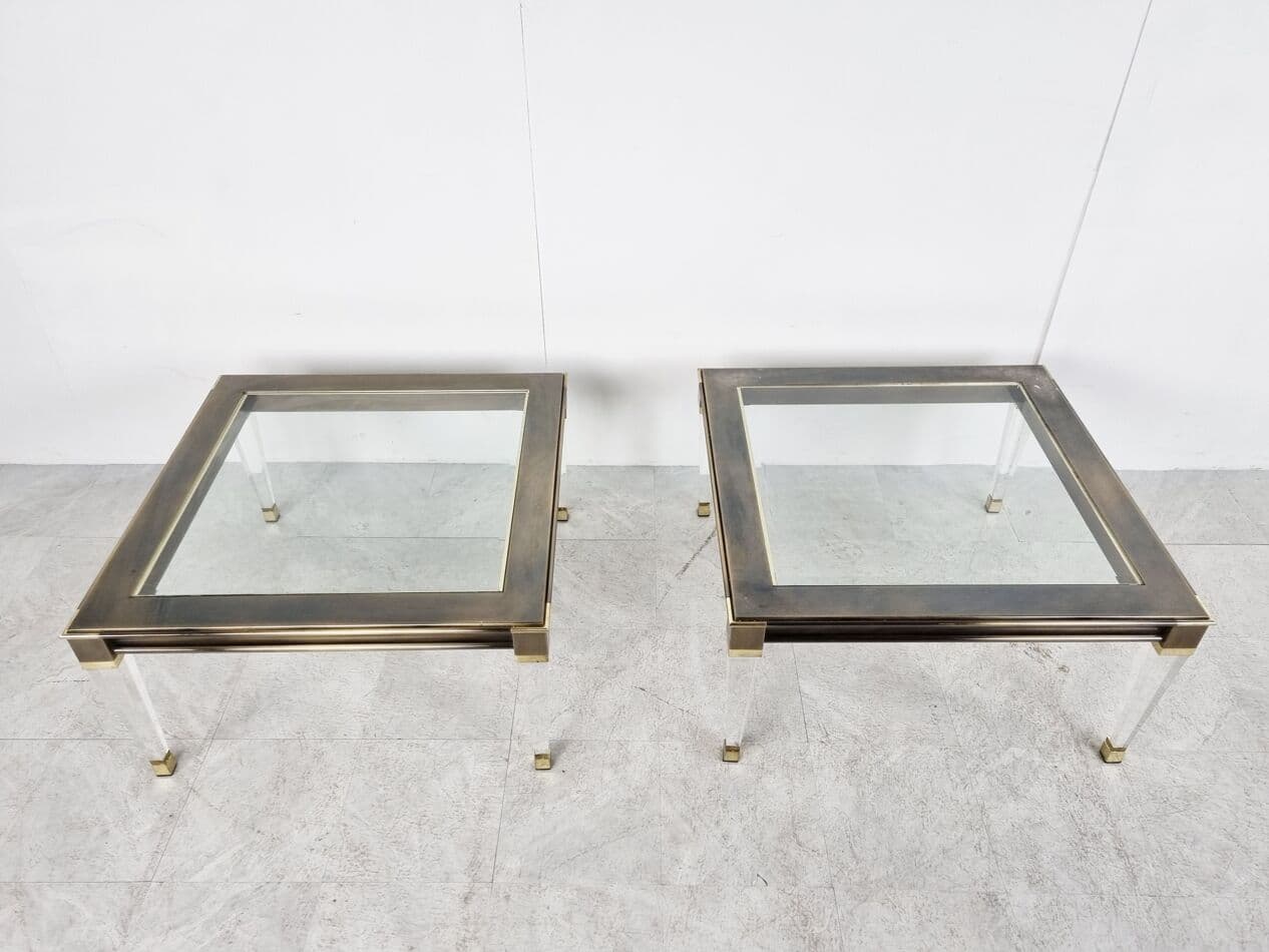 Pair of coffee tables, gold brass, clear glass, lucite, Belgium, 1980s. - 268386