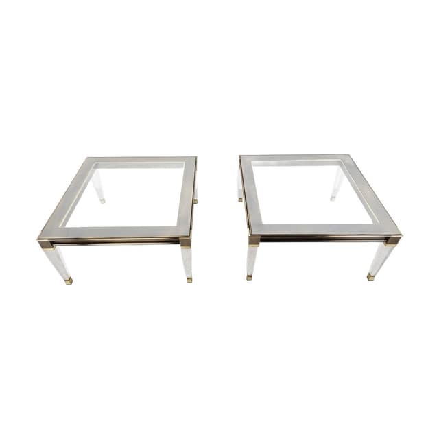 Pair of coffee tables, gold brass, clear glass, lucite, Belgium, 1980s. - DIMENSION