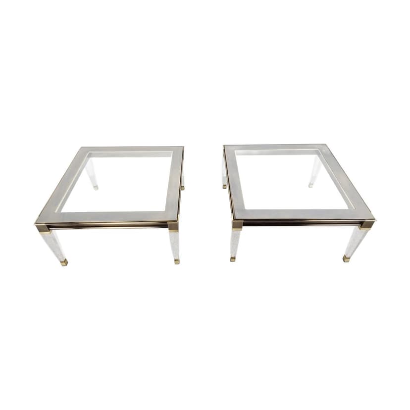 Pair of coffee tables, gold brass, clear glass, lucite, Belgium, 1980s.