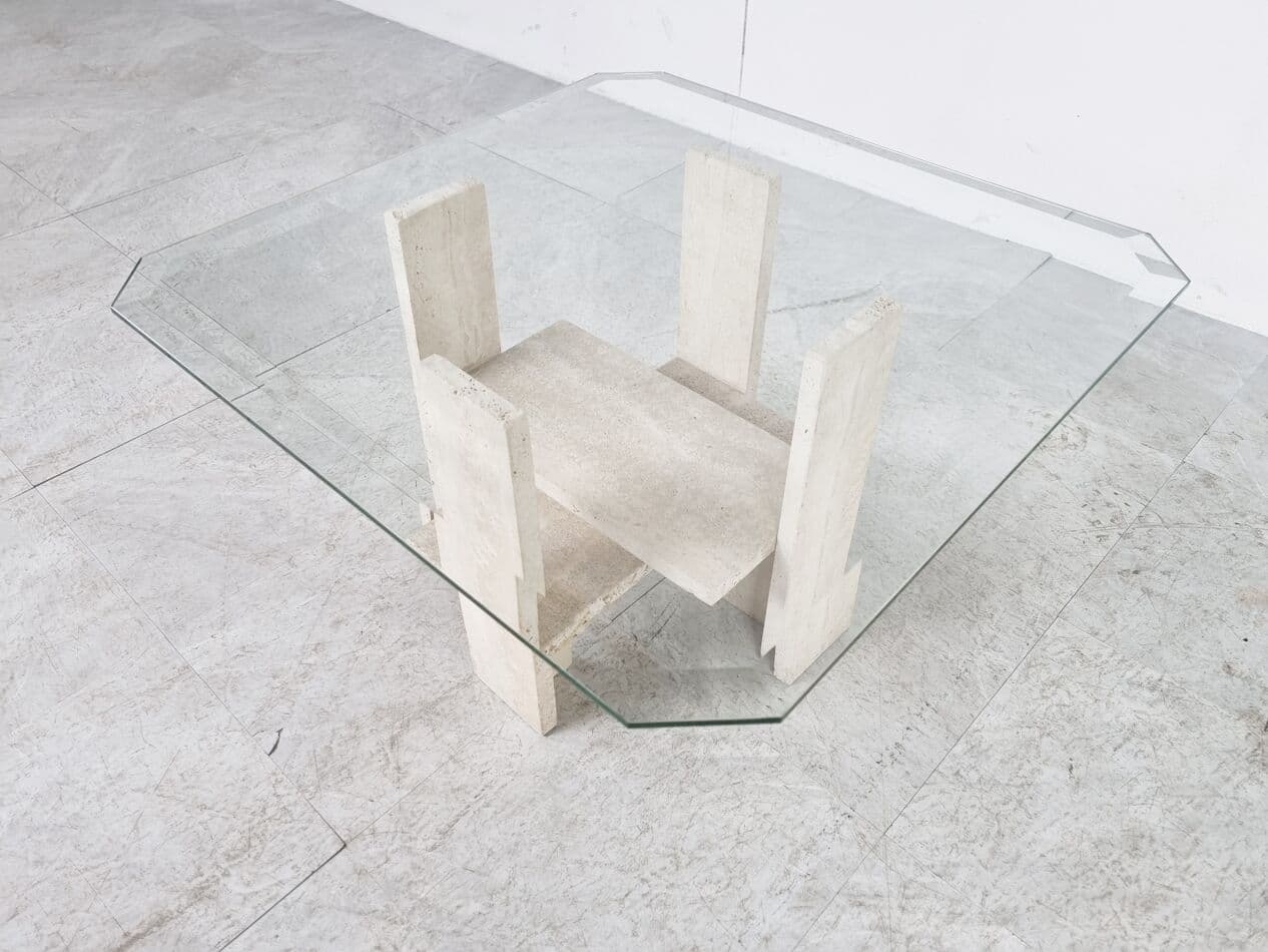Para stolików bocznych, trawertyn beżowy, szkło, proj. W. Ballez, Belgia, lata 70. - 268378