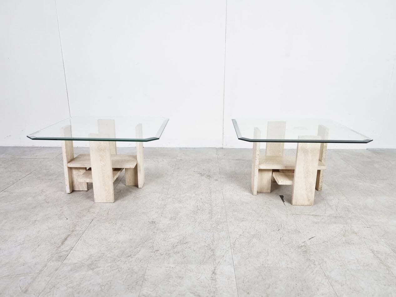 Para stolików bocznych, trawertyn beżowy, szkło, proj. W. Ballez, Belgia, lata 70. - 268376