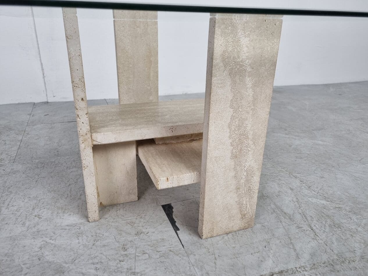 Para stolików bocznych, trawertyn beżowy, szkło, proj. W. Ballez, Belgia, lata 70. - 268380