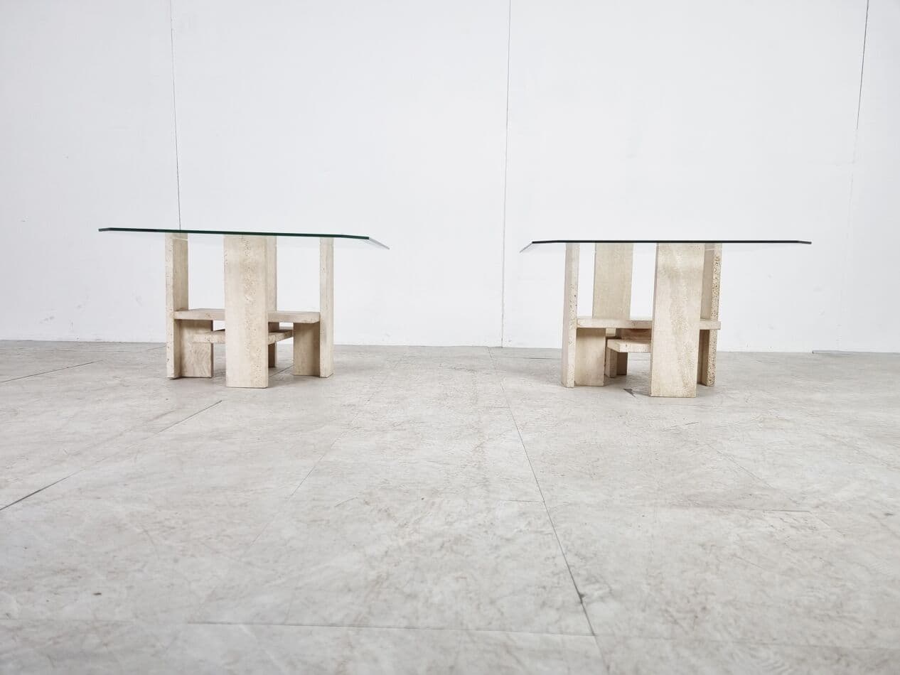 Para stolików bocznych, trawertyn beżowy, szkło, proj. W. Ballez, Belgia, lata 70. - 268377