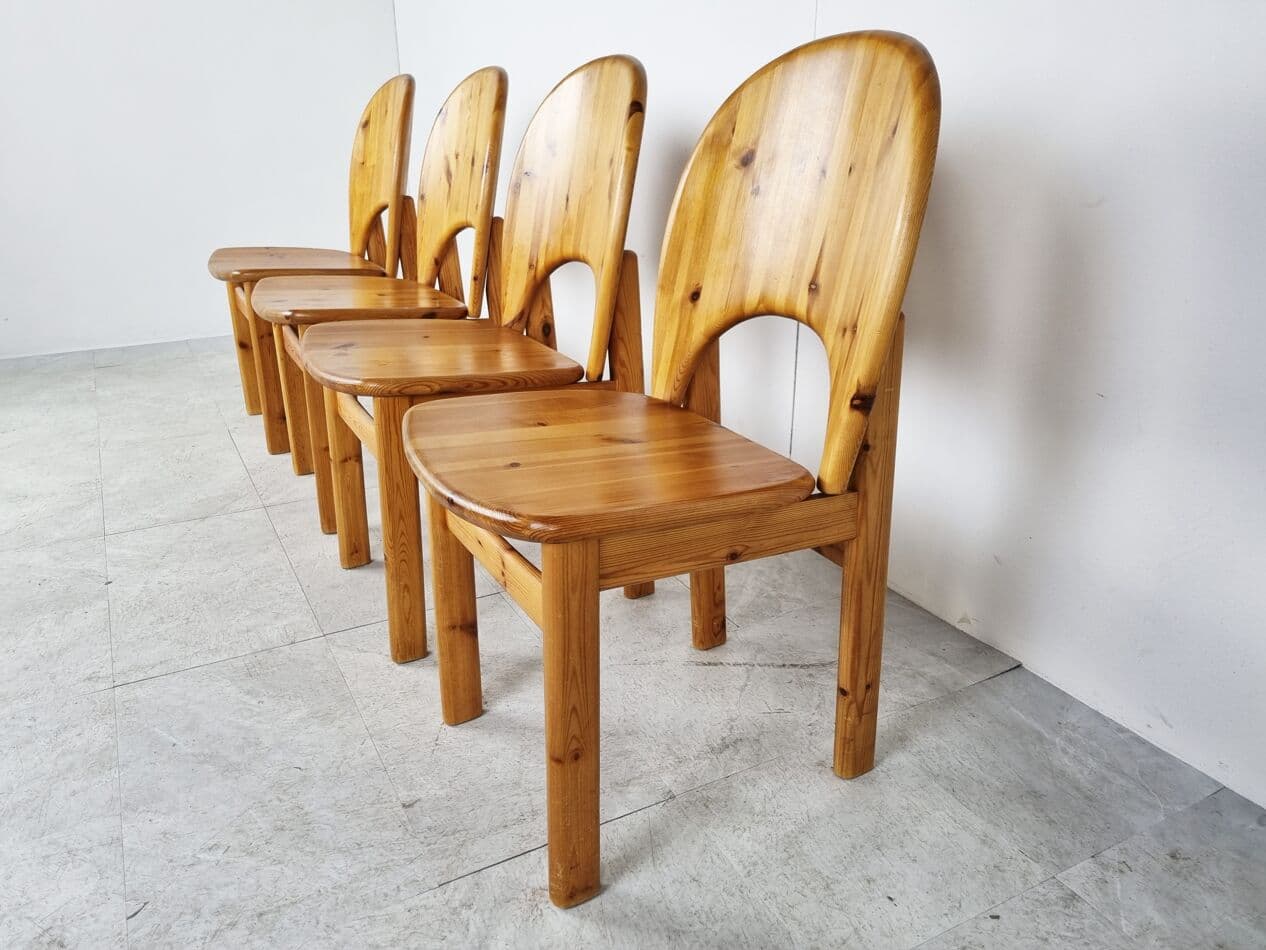 Set of four dining chairs, brown pine, by R. Daumiller, Hirtshals Savvaerk, Denmark, 1980s. - 268331