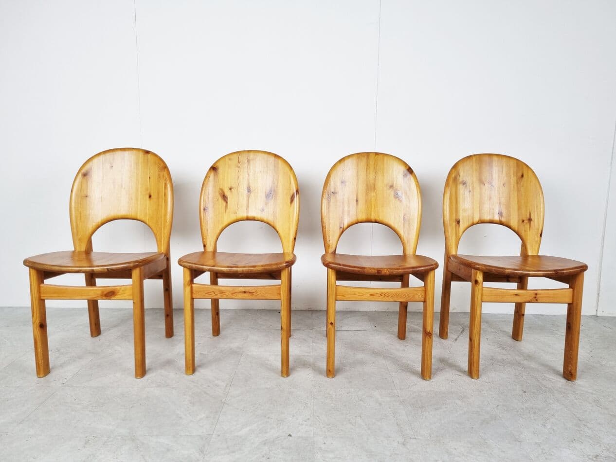 Set of four dining chairs, brown pine, by R. Daumiller, Hirtshals Savvaerk, Denmark, 1980s. - 268328