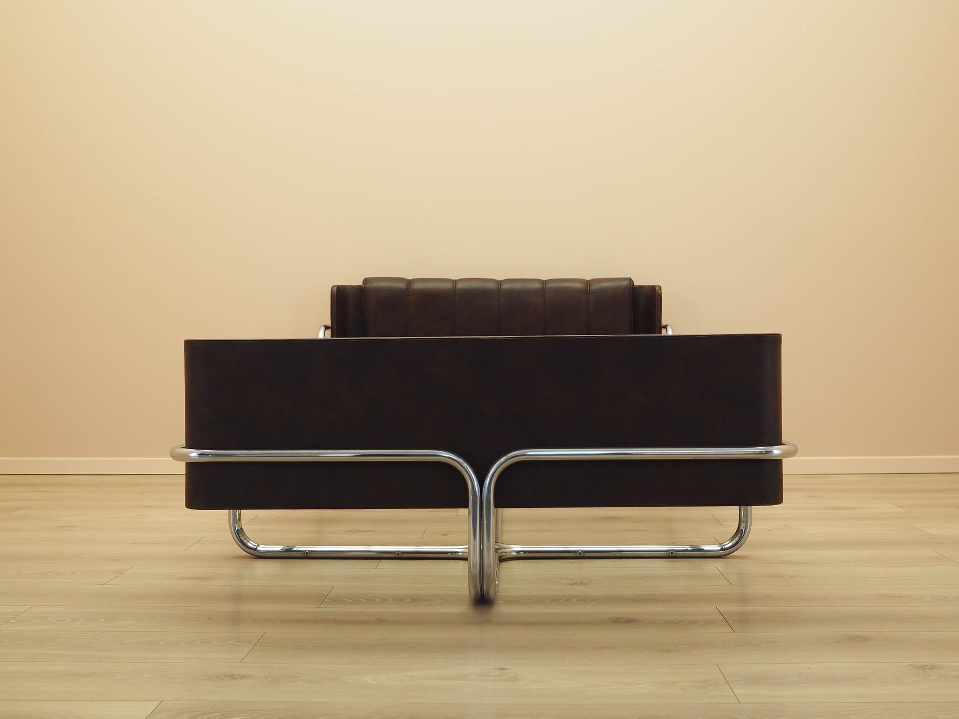 Bed, brown genuine leather, chrome, stainless steel, Italy, 1980s. - 261932