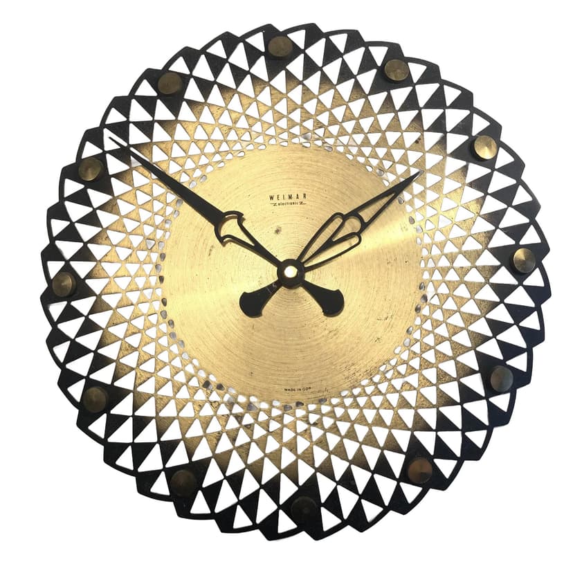 Zegar ścienny, stal czarna, mosiądz złoty, Weimar Electronic, Niemcy, lata 70.