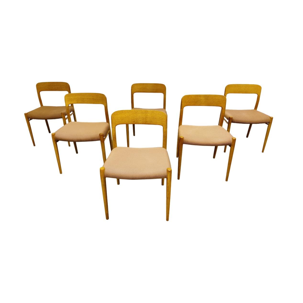 Set of six dining chairs, brown wood, salmon cotton, Denmark, 1960s.