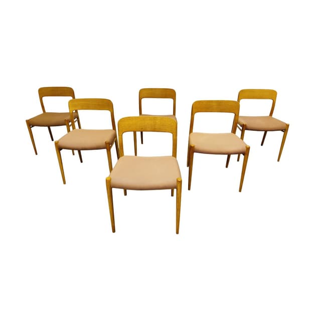 Set of six dining chairs, brown wood, salmon cotton, Denmark, 1960s. - DIMENSION