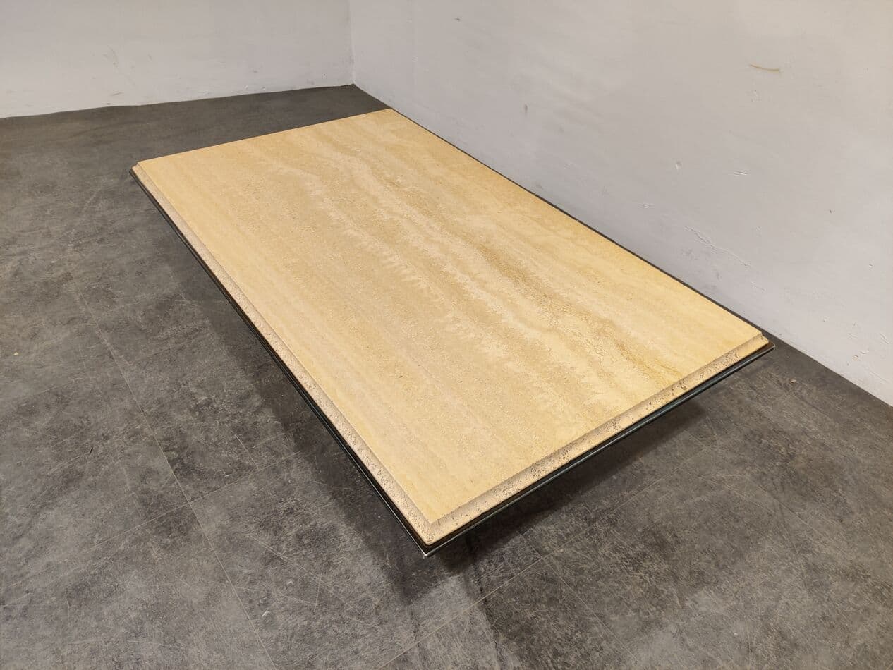 Stolik kawowy, beżowy, trawertyn, mosiądz, Belgia, lata 70. - 268163