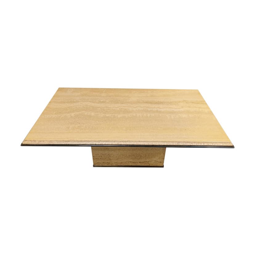 Coffee table, beige travertine, brass, Belgium, 1970s.