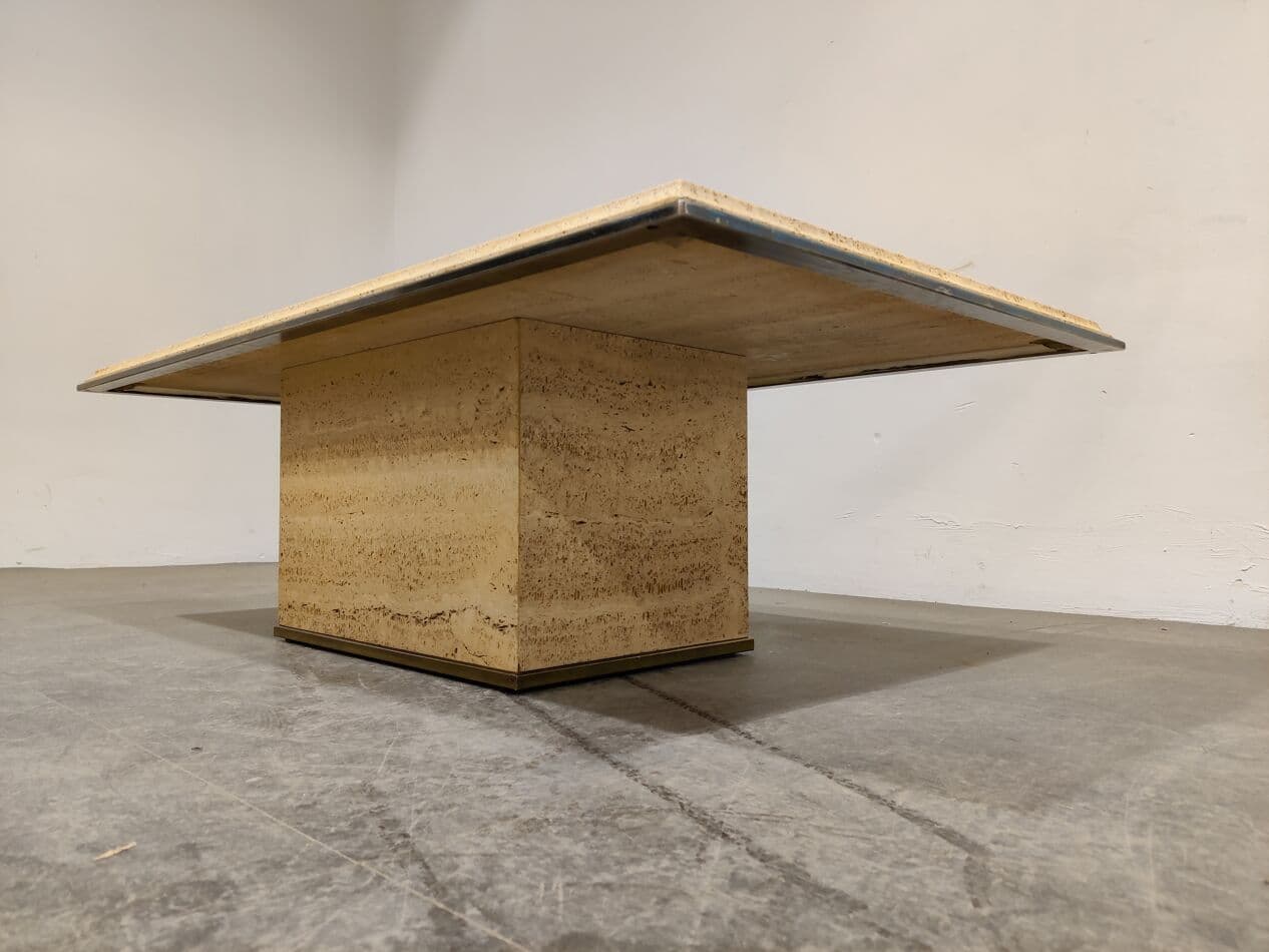 Stolik kawowy, beżowy, trawertyn, mosiądz, Belgia, lata 70. - 268167