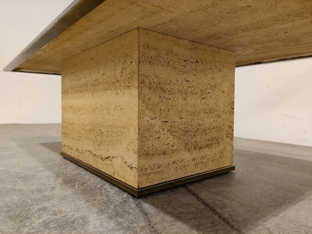 Stolik kawowy, beżowy, trawertyn, mosiądz, Belgia, lata 70. - 268170