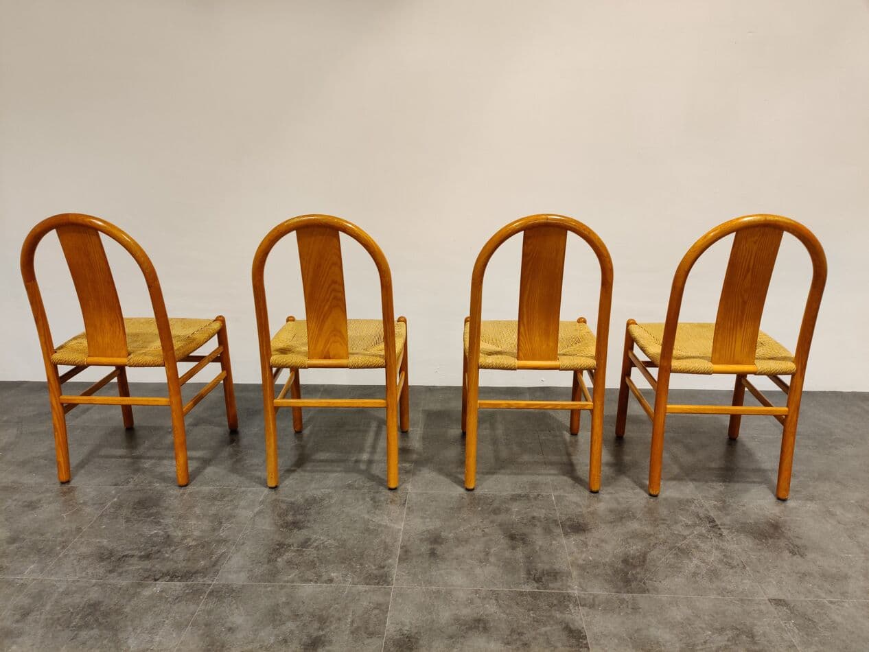 Set of four Scandinavian dining chairs, beige oak, beige papercord, Denmark, 1960s. - 268071