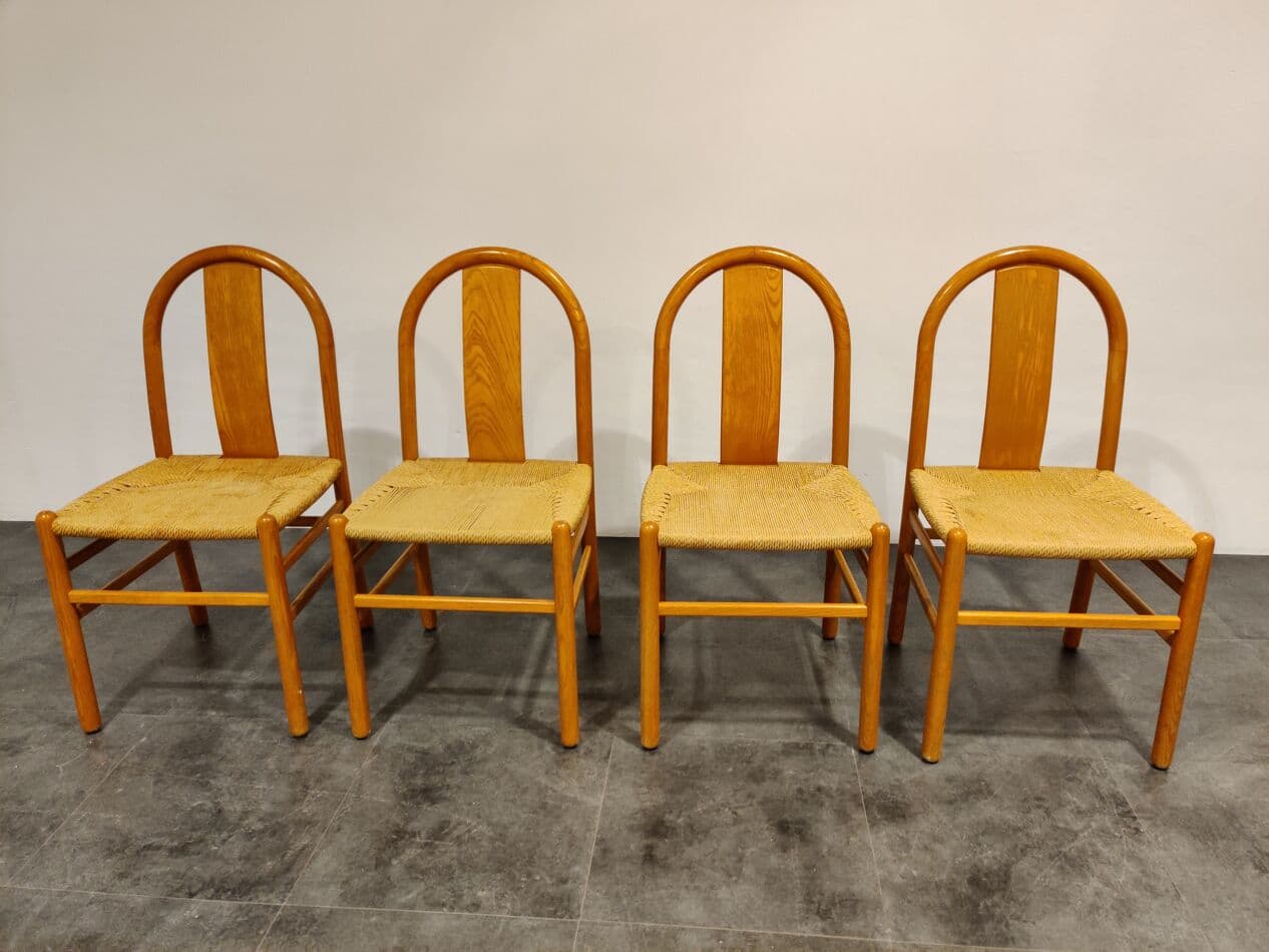 Set of four Scandinavian dining chairs, beige oak, beige papercord, Denmark, 1960s. - 268069