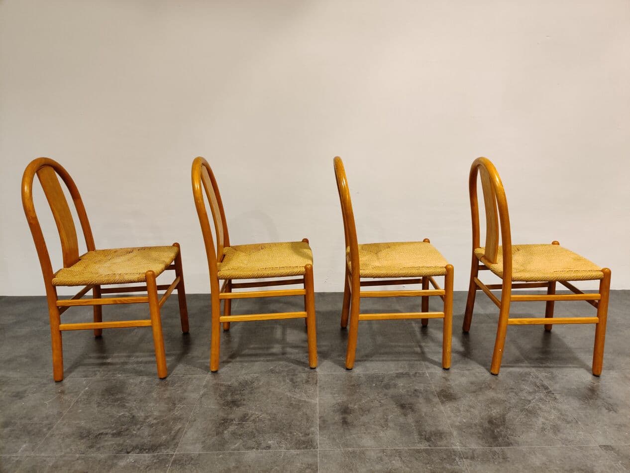 Set of four Scandinavian dining chairs, beige oak, beige papercord, Denmark, 1960s. - 268070