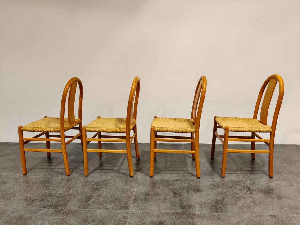 Set of four Scandinavian dining chairs, beige oak, beige papercord, Denmark, 1960s. - 268072