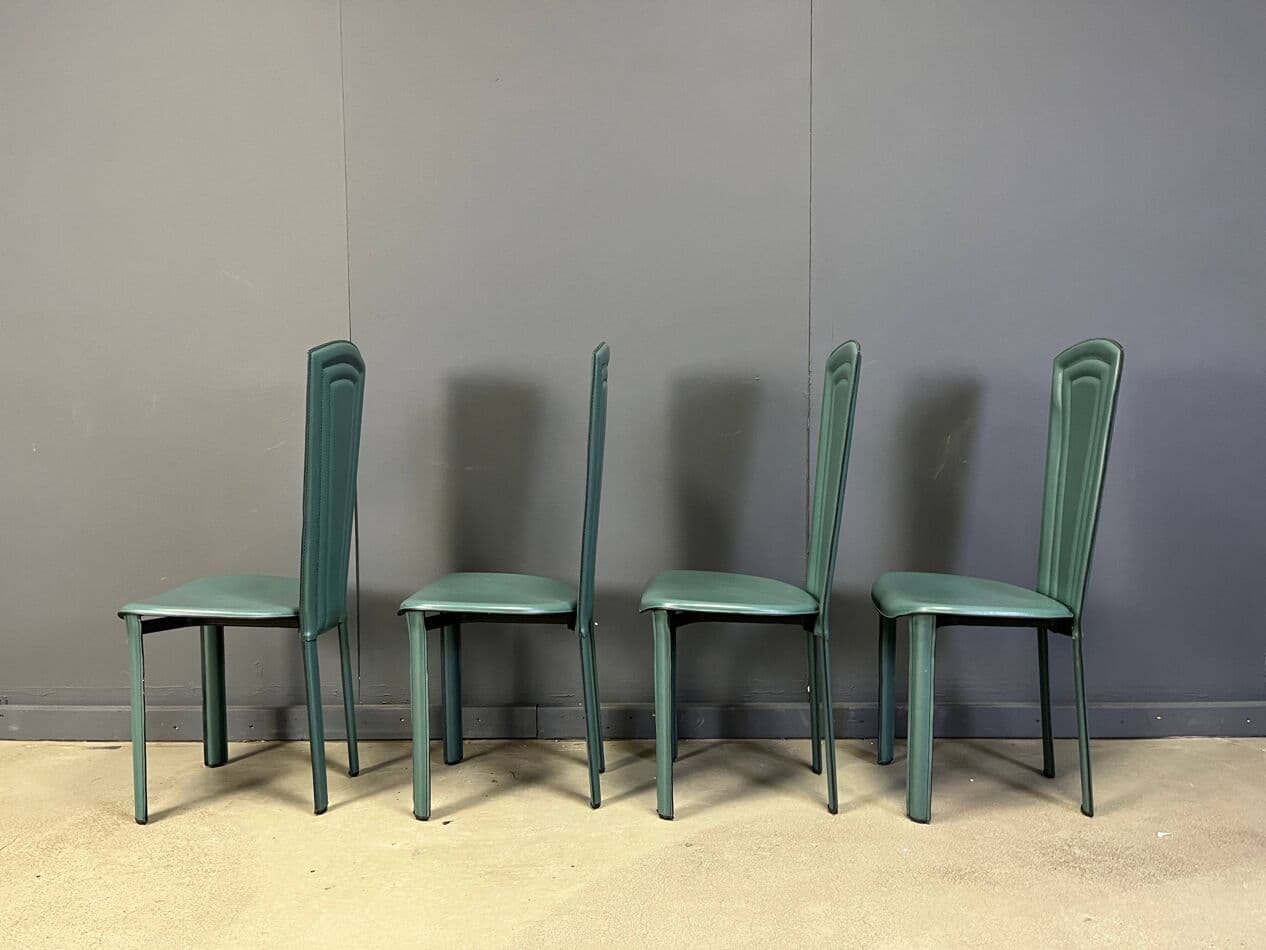 Zestaw czterech krzeseł, skóra zielona, Włochy, lata 80. - 268031
